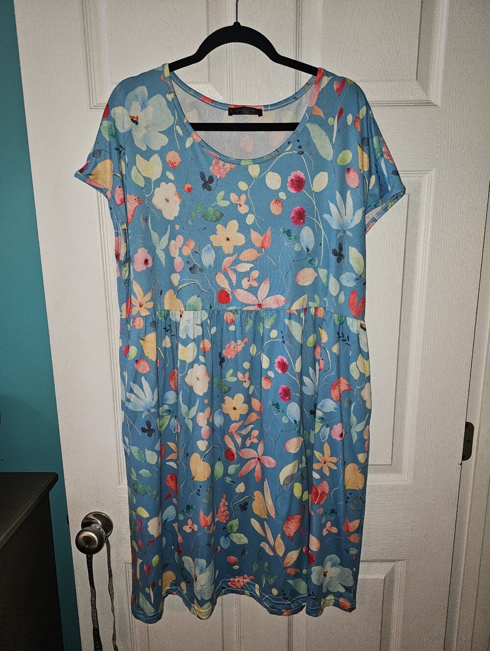 Blue Floral Short-Sleeve Women's Dress 2xl
